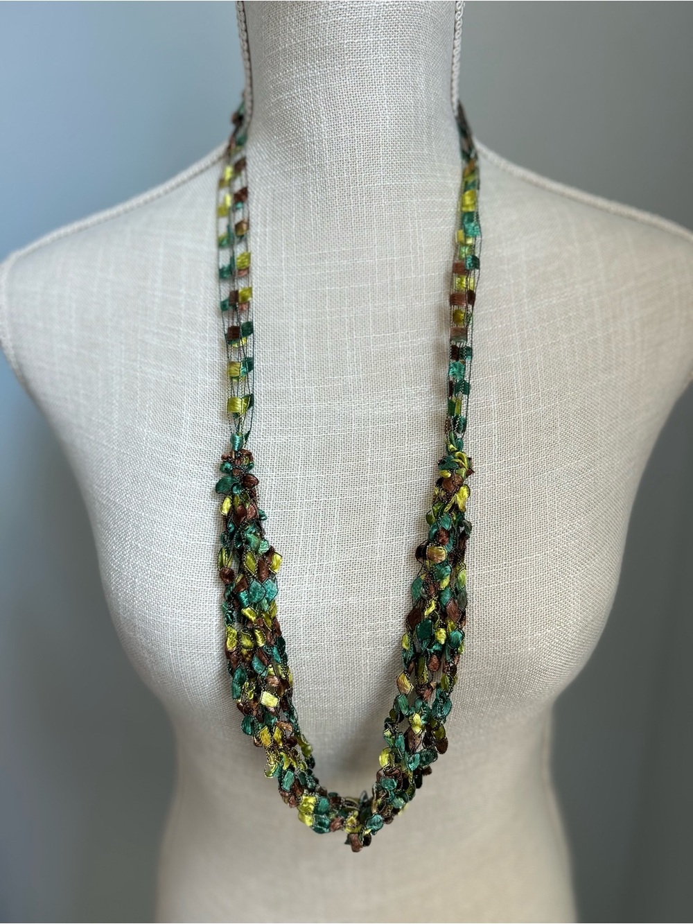 Handmade Multi Green & Brown Multicolor Ladder Ribbon Adjustable Necklace